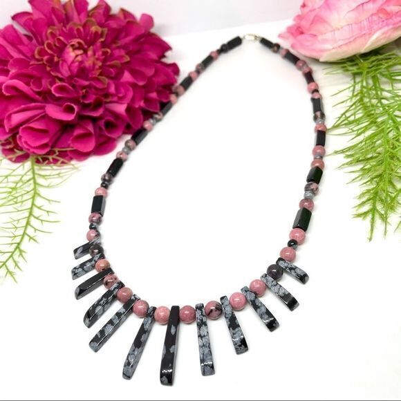 Vintage Jewelry - ⚜️RHODONITE SNOWFLAKE OBSIDIAN & ONYX Art Deco Stone Necklace